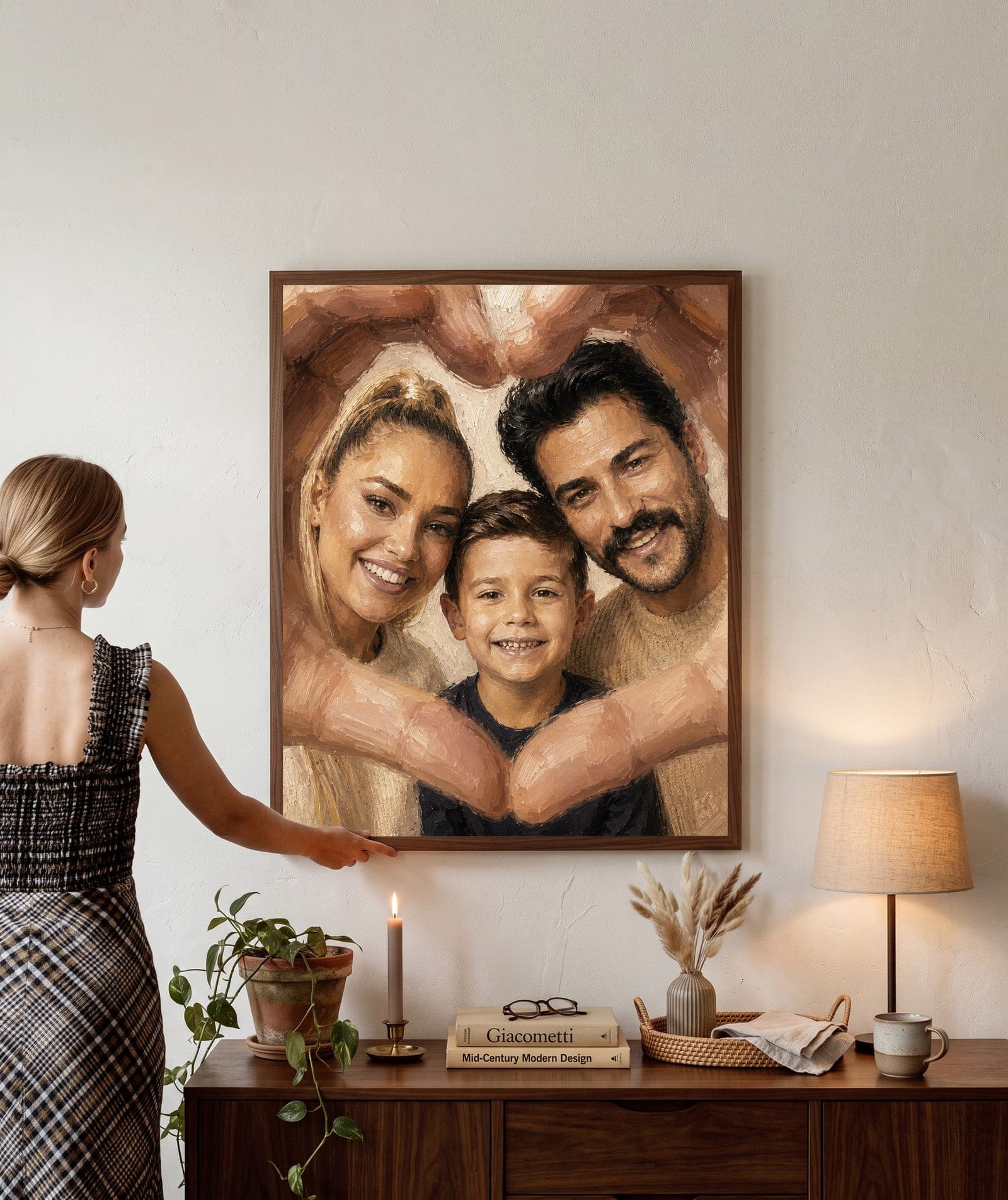 A framed oil-painting family portrait hanging on a living-room wall